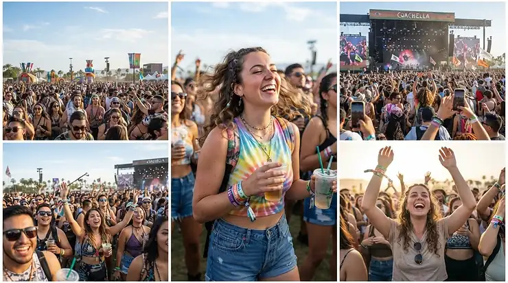 A young adult wearing the best cooling hat at a crowded outdoor summer music festival.