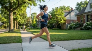 A runner wearing the best cooling hat during an outdoor morning jog through the neighborhood.