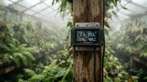 A digital display showing humidity and temperature control next to the best greenhouse fan.