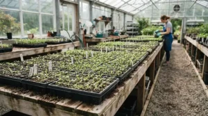 Tiny seedlings thriving under proper airflow from the best greenhouse fan on propagation benches.