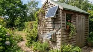 A sustainable off-grid setup featuring the best greenhouse fan connected to a solar panel.
