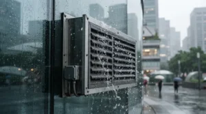 A weatherproof housing design on the best greenhouse fan during a heavy rainstorm.
