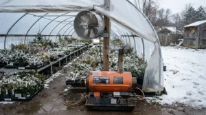 A winter setup showing the best greenhouse fan working alongside a frost protection heater.