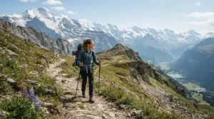 Hiker wearing a cooling baseball cap while trekking a mountain trail.