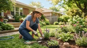 Landscaper staying cool in the yard with a breathable cooling skull cap