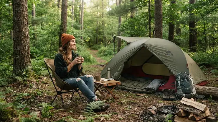 A camper wearing a cooling bandana at a campsite during a warm summer afternoon