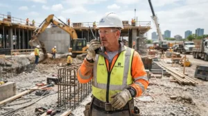 A construction worker wearing a cooling bandana under a hard hat at a job site
