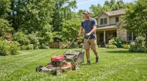 Man wearing a cooling baseball cap while mowing the lawn on a sunny afternoon.