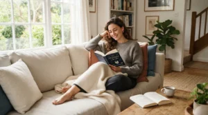 A smiling woman relaxing at home with a soothing cooling headband