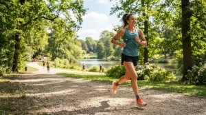 A runner wearing a cooling headband while jogging on a sunny path