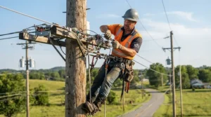 An electrician on a sunny ladder wearing a hard hat with a cooling insert
