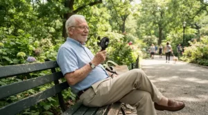 An active senior using portable cooling products for elderly outdoor recreation and strolls in the park.
