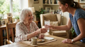 A caregiver helping a senior utilize cooling products for elderly hydration and temperature regulation indoors.