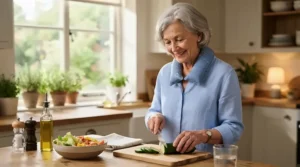 A senior woman wearing cooling products for elderly safety while preparing a light meal in the kitchen.