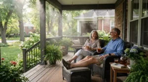 An elderly couple enjoying their shaded porch with cooling products for elderly patio heat protection.