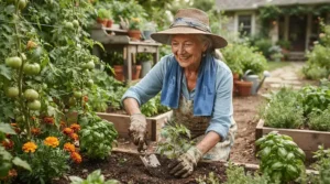 A senior gardener protected by outdoor cooling products for elderly sun and heat safety measures.