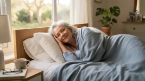 A resting grandmother benefiting from cooling products for elderly individuals designed for nighttime temperature control.