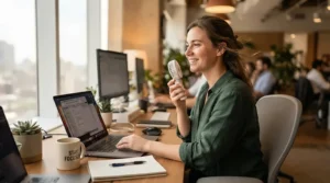 A working professional at her desk using cooling products for hot flashes during a busy workday.