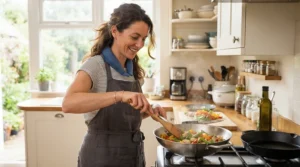 A home cook staying comfortable near the stove with cooling products for hot flashes.