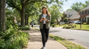 Using a portable rechargeable mister, one of the essential cooling products for multiple sclerosis, while taking a gentle neighborhood walk.