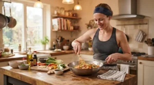 Preparing a light meal in the kitchen while wearing a cooling headband selected from effective cooling products for multiple sclerosis.