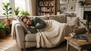 Relaxing on a living room sofa with therapeutic cooling products for multiple sclerosis, specifically a chilled blanket designed for heat sensitivity.