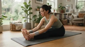 Practicing gentle stretching exercises indoors with specialized wrist bands, highlighting everyday cooling products for multiple sclerosis.