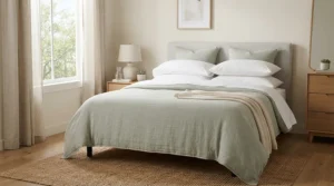 A comfortable bed prepared with cooling products for night sweats to help maintain a steady temperature.