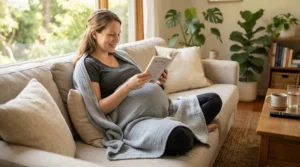 An expecting mother relaxing under a temperature-regulating blanket from a line of cooling products for pregnancy