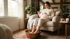 An expecting mother soothing swollen ankles with a cold foot bath using specialized cooling products for pregnancy care