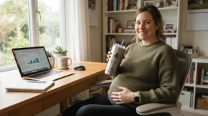 An expecting mother drinking ice water from an insulated tumbler among her cooling products for pregnancy workspace setup
