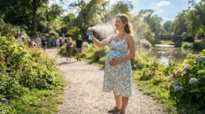 A pregnant woman refreshing herself with a misting spray bottle, using outdoor cooling products for pregnancy relief