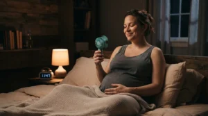 A pregnant woman using a bedside portable fan as part of her cooling products for pregnancy routine on a warm night