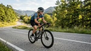 A cyclist wearing a cooling bandana beneath a bicycle helmet during a road ride