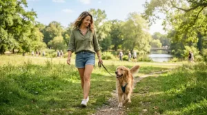 A pet owner wearing a cooling bandana while walking a dog in the neighborhood park