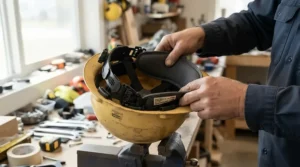 An industrial worker sliding a hard hat cooling insert into their protective helmet