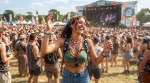 A music festival attendee wearing a cooling bandana in a crowded outdoor venue
