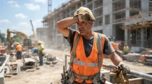 A construction worker wearing a hard hat cooling insert on a hot job site in the US