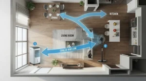 Diagram showing airflow patterns of an air circulator helping an AC cool a medium-sized bedroom efficiently.