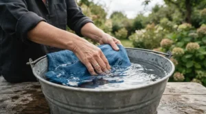 A worker soaking a hard hat cooling insert in cold water before a shift