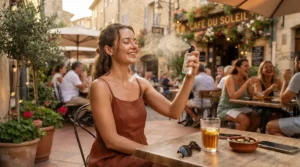 A woman at an outdoor restaurant patio utilizing cooling products for hot flashes during dinner.