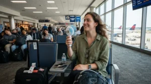 A traveler at an airport terminal using portable cooling products for hot flashes on the go.