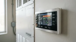 An IT room air conditioner digital control panel showing precise temperature settings.