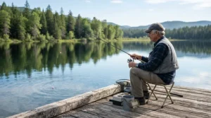 Fisherman wearing a cooling baseball cap by the lake on a warm day.