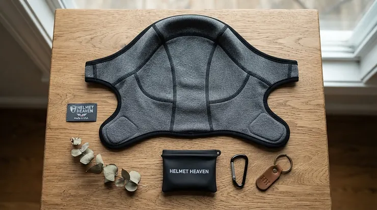 Flat lay view of a blue hard hat cooling insert ready for summer job site use