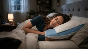 A woman sleeping comfortably while using menopause cooling products for hot flashes in a cozy bedroom.