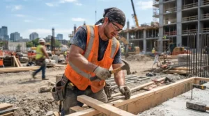 A construction worker wearing a hard hat and cooling headband on a hot job site