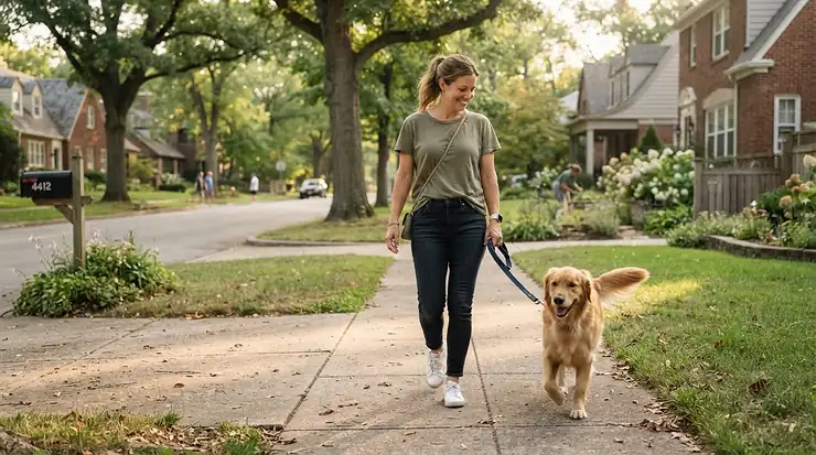 Dog walker wearing a cooling baseball cap strolling through the neighborhood.