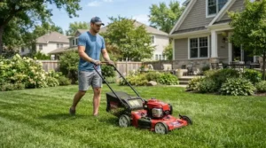A homeowner wearing a cooling bandana while mowing the lawn in hot weather