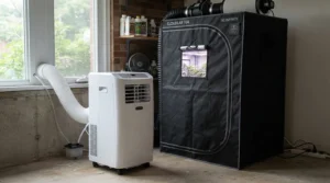 A compact portable AC for grow tent sitting neatly beside a tall zippered fabric enclosure.